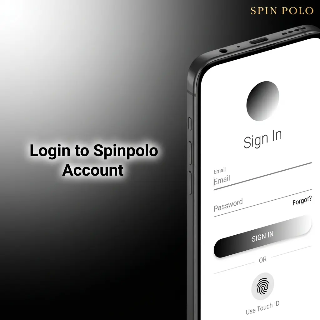Spinpolo account login screen showing email, password fields and two-factor authentication steps for desktop and mobile