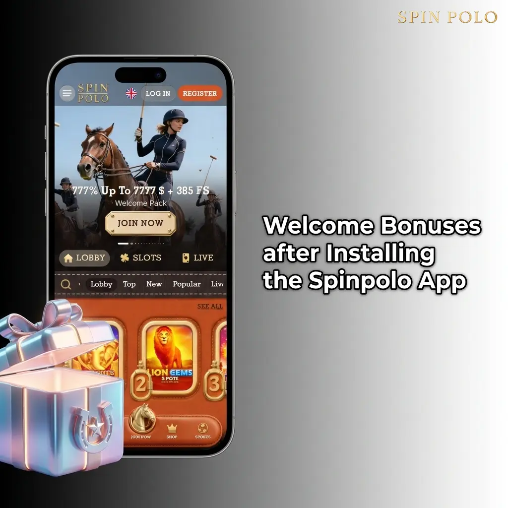 Spinpolo app welcome bonus package showing 777% match up to 7777 AUD, 385 free spins, and sports betting bonus